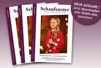 Das Bild zeigt die Titelseite der neuen Ausgabe des Magazins Schaufenster – Kultur.Region, Ausgabe 4/2025, mit Mädchen mit einem Musik-Instrument in der Hand. Rechts oben befindet sich ein runder Hinweis: "NEUE AUSGABE! Jetzt downloaden oder Gratis-Abo bestellen!"