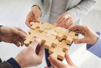 Das Bild die Hände mehrerer Personen, die gemeinsam Puzzle-Teile aus Holz zusammenfügen.