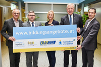 Gruppenbild der genannten fünf Personen. Sie halten ein großes Schild in der Hand auf dem steht: www.bildungsangebote.at
