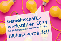 Auf einem pinken Hintergrund schlängeln sich gelbe Glühbirnen und Kabel durch das Bild. Davor ist eine Sprechblase ersichtlich. Auf ihr befindet sich der Einladungstext zu den Gemeinschaftswerkstätten 2024.