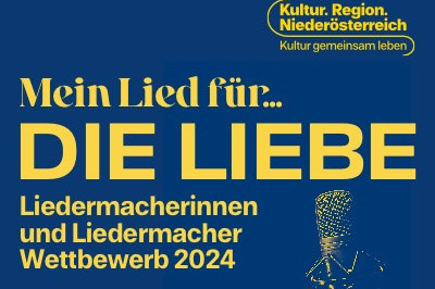 blauer Hintergrund und in gelber Schrift: Mein Lied für ... die Liebe, Liedermacherinnen- und Liedermacher-Wettbewerb 2024