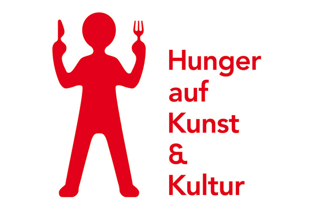 Kulturpass Logo: das besteht aus einem roten Männchen mit Messer und Gabel in der Hand und daneben steht: Hunger auf Kunst & Kultur 