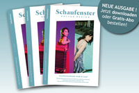 Das Bild zeigt die Titelseite der neuen Ausgabe des Magazins Schaufenster – Kultur.Region, Ausgabe 3/2025, mit einem farbkräftigen Coverfoto zweier Frauen in künstlerischer Inszenierung. Rechts oben befindet sich ein runder Hinweis: "NEUE AUSGABE! Jetzt downloaden oder Gratis-Abo bestellen!"