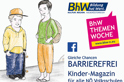 Zeichnung eines Jungen der im coolen Hoody und Baseball-Kappe gekleidet ist. In der linken Hand hält er ein Skateboard. Er ist kleinwüchsig. Daneben steht ein Mädchen in T-Shirt und weiter Hose. Sie trägt am Rücken einen Rucksack.  