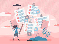 Illustration einer Frau mit einem großen Stift in der Hand und mehrere erledigte To-Do-Listen 