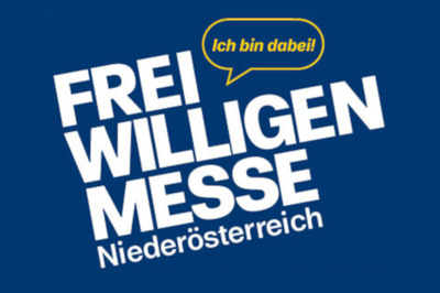 blauer Hintergrund, mit dem Text: Freiwilligenmesse Niederösterreich, Ich bin dabei