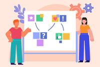 Das Bild zeigt eine Illustration mit einem Mann und einer Frau vor einem Whiteboard, auf dem mittels Post-its Ideen präsentiert werden.
