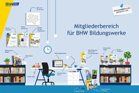 Ein illustriertes Büro mit BhW Produkten und Infos, als Hinweis auf den Mitgliederbereich für BHW Bildungswerke