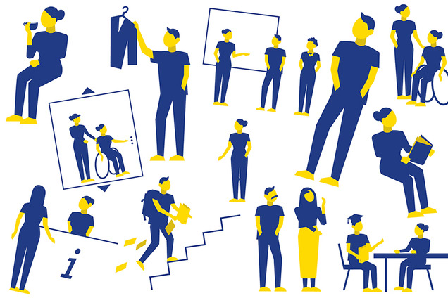 Es handelt sich um ein zusammengesetztes Bild aus einigen Piktogrammen, die in blau-gelb gehalten sind und Personen in unterschiedlichen Bildungssettings zeigen