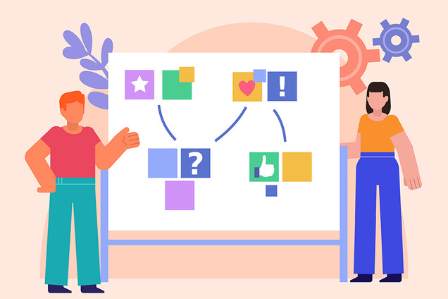 Das Bild zeigt eine Illustration mit einem Mann und einer Frau vor einem Whiteboard, auf dem mittels Post-its Ideen präsentiert werden.