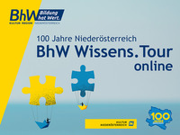 Werbesujet - Text: 100 Jahre Niederösterreich BhW Wissens.Tour online, Illustration: zwei gefaltete Boote mit Puzzlesteinen als Luftballon die die Botte schweben lassen.