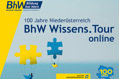 Werbesujet - Text: 100 Jahre Niederösterreich BhW Wissens.Tour online, Illustration: zwei gefaltete Boote mit Puzzlesteinen als Luftballon die die Botte schweben lassen.