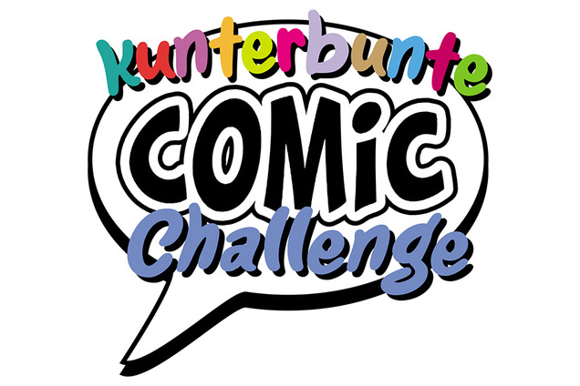 Logo der Comic-Challenge: Eine Sprechblase in der "kunterbunte Comic Challenge" steht.